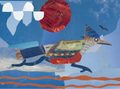 Abstract artwork with a bird-like creature, red ball, and blue sky.